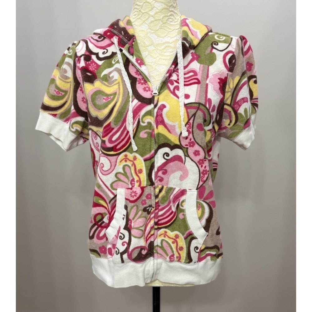 PJ Salvage Womens XL Terry Cloth Hoodie Pink Green Paisley Short Sleeve Lounge